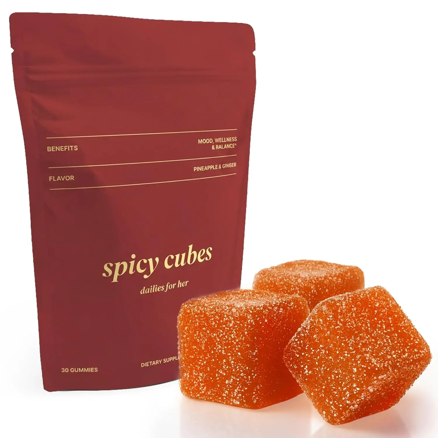 Spicy Cubes Dailies for Her, Feminine Balance Wellness Gummies with Saffron | Fenugreek for Female Vitality, Mood & Energy Support, Pineapple Ginger Flavor, Plant-Based, Ginger-Candy, 30 Gummies