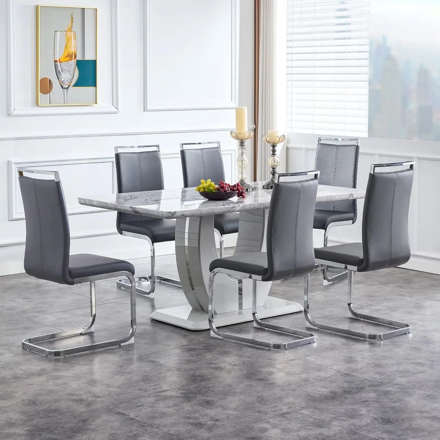 MUUOKY Modern 7-Piece Glass Dining Table Set for 6 with Faux Marble Top & Dark Gray PU Leather Chairs Rectangle Table for Dining Room Classic & Elegant Design black glass coffee table