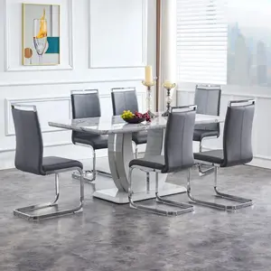 MUUOKY Modern 7-Piece Glass Dining Table Set for 6 with Faux Marble Top & Dark Gray PU Leather Chairs Rectangle Table for Dining Room Classic & Elegant Design black glass coffee table