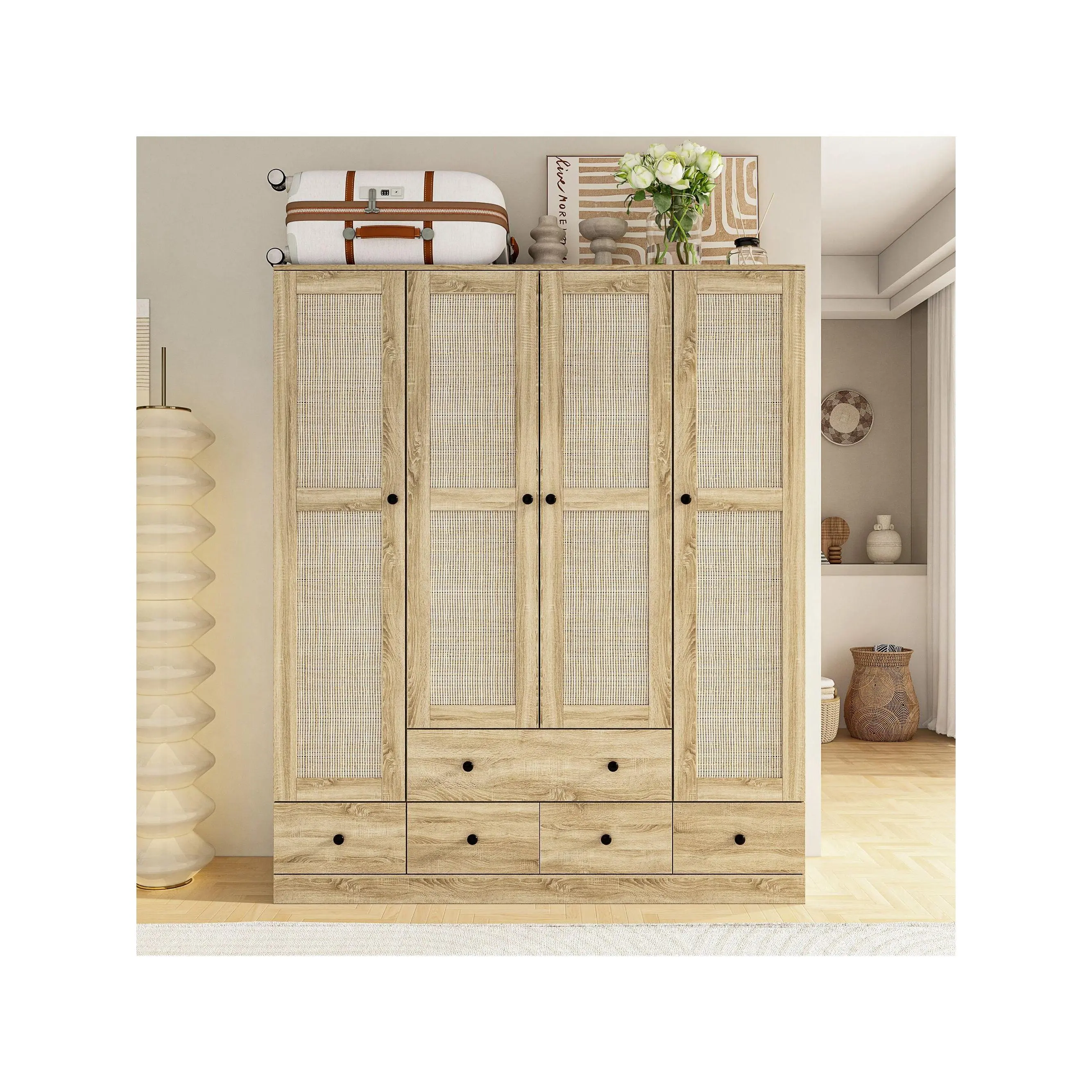 Armoires and Wardrobes 4 Door Wardrobe with Shelves and Drawers, Rattan Door Design, Armoire Wardrobe Closet with 2 Clothing Rods