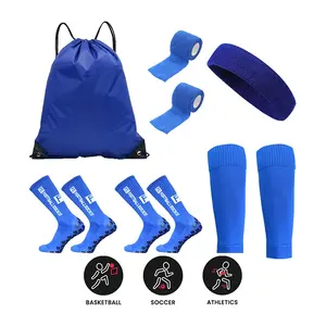6-piece FS letter football socks outdoor sports fitness running football training set multi sport training set - anti slip football socks (2 pairs)+leg guards+drawstring bag+football basketball sports strap+headband Sports Athletic Socks Soccer Grip Socks