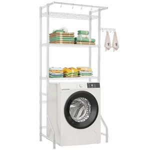 SummerWinsVEVOR Hangable Over Washer and Dryer Storage Shelf, 3-Tier Laundry Room Drying Rack with Hanger Rod and Hooks, Single Row Adjustable Space Saver for Laundry Room Organization, White
