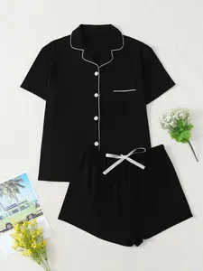 Spring Summer New Women's Sleepwear Loungewear Set, Breathable Comfort Fabric, Front Button Color Block Design, Indoor Outdoor Wear