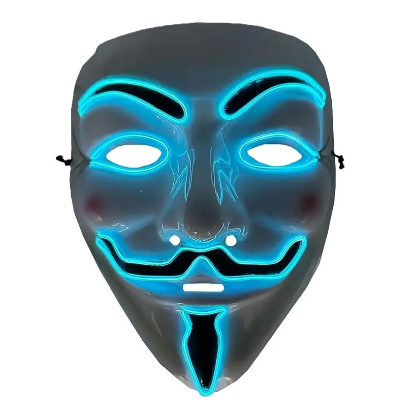 Guy Fawkes Mask - EL Aqua Color Light Up - Vendetta - Costume Accessory