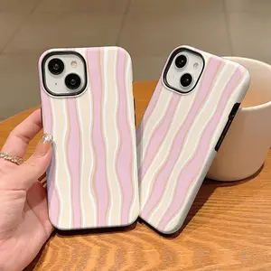 Light-Colored Wavy Stripe Pattern Phone Case , Shockproof Rugged Cover Dual Layer Soft TPU Bumper Hard Shell Design for iPhone 11 12 13 14 15 16 17 Pro Max Plus Air, Heavy-Duty Protection MagSafe Magnetic