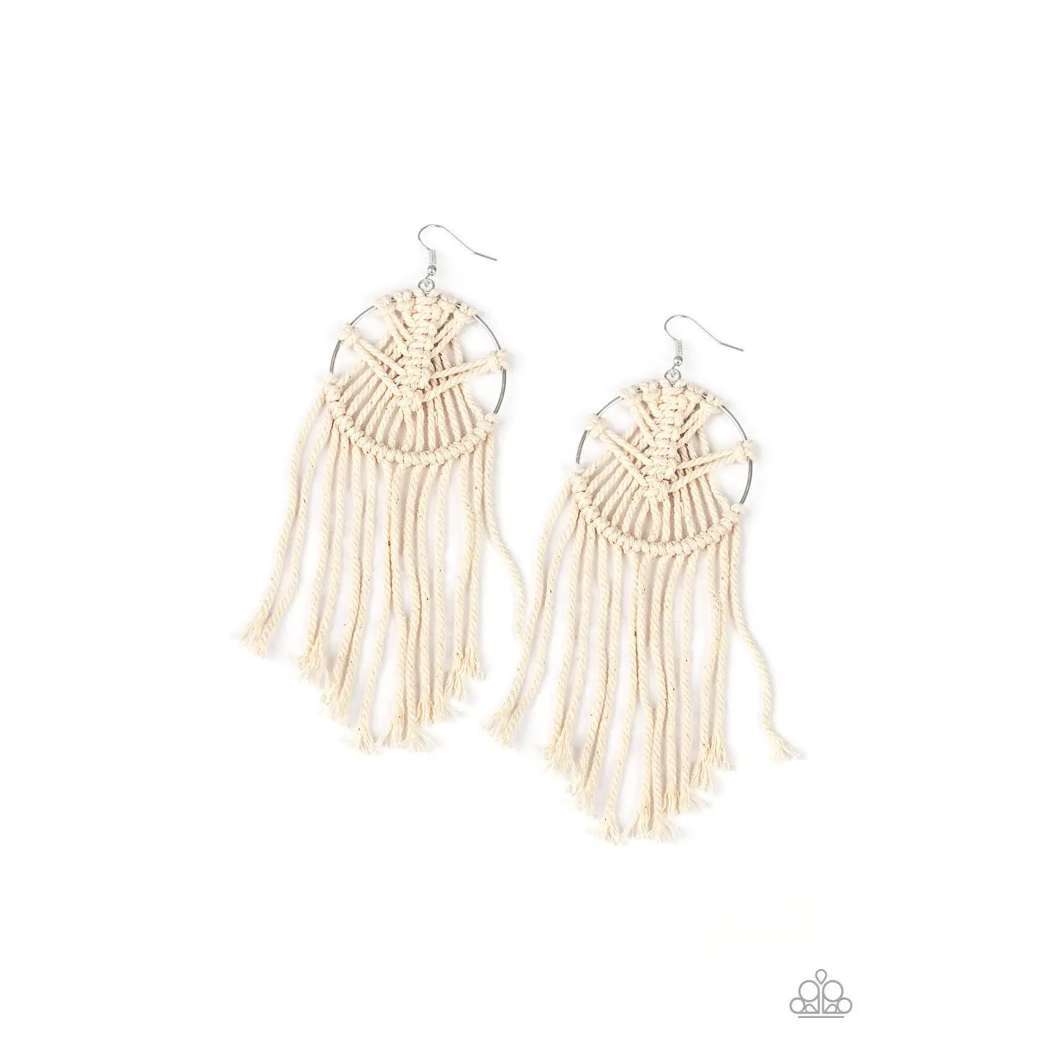 MACRAME, Myself, and I - Paparazzi - White Twine Silver Hoop Macrame Tassel Earrings