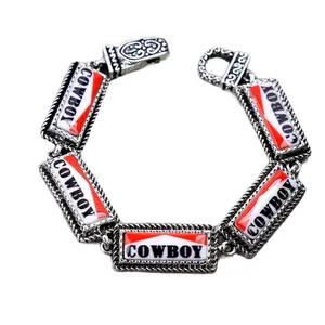 Western Cowboy Rectangular Magnetic Bracelet with Bold Red and White Enamel Accents