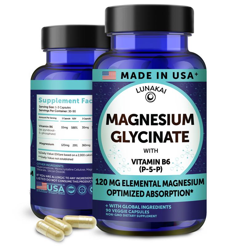 Lunakai USA Made Pure Magnesium Glycinate Capsules 120mg Elemental with B6 (P-5-P) – High Absorption Magnesium Supplement for Women & Men - Daily Sleep & Muscle Support, Non-GMO, 90ct
