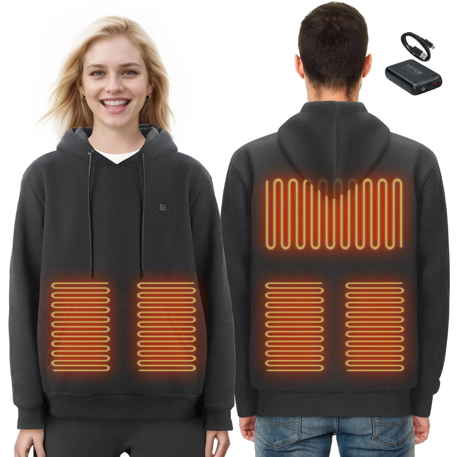 VEVOR Heated Fleece Hoodie Tops - Unisex Long Sleeve Cotton Zipper Sweatshirt with Battery, S-XXXL Size Black, Christmas Gift, Garment