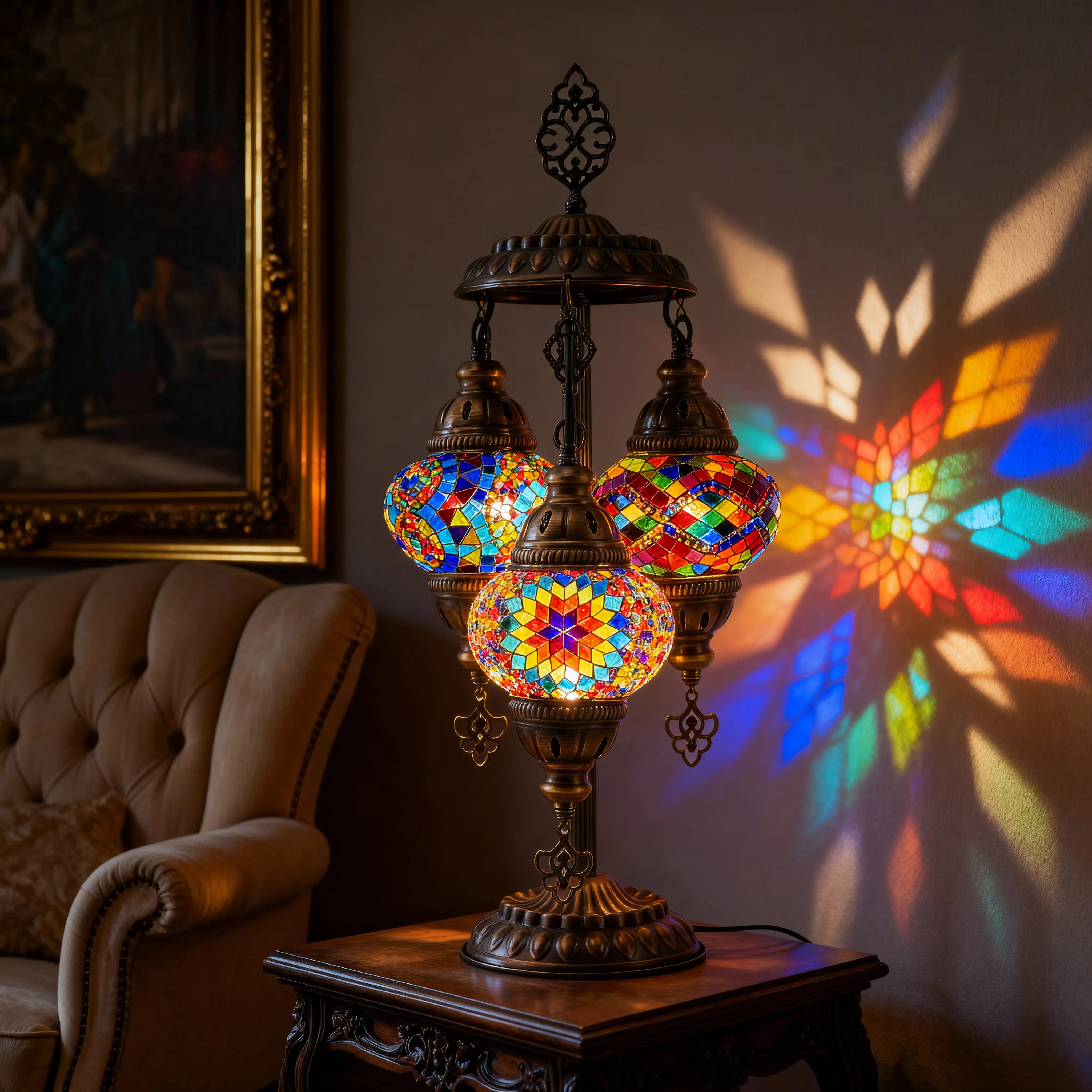 3 Globe Handmade Turkish Mosaic Table Lamp – Genuine Colored Glass