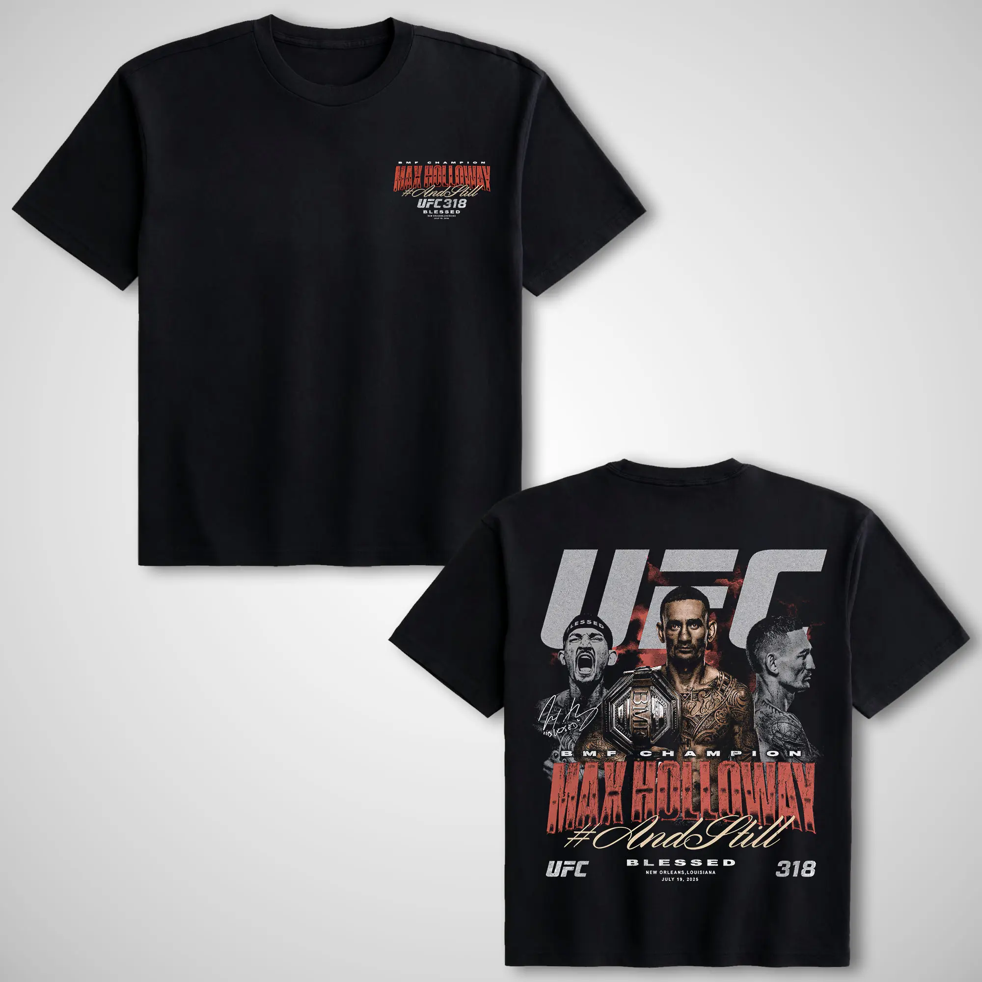 UFC Men's Soft Cotton Graphic T-Shirt - Max Holloway UFC 318 Champion, Short-Sleeve, Round Neck, Casual Streetwear, Athletic Gym Apparel, Fitted Cut, Graphic Print, Do Not Dry Clean, Durability, Vintage, Shortsleeve, Clothes