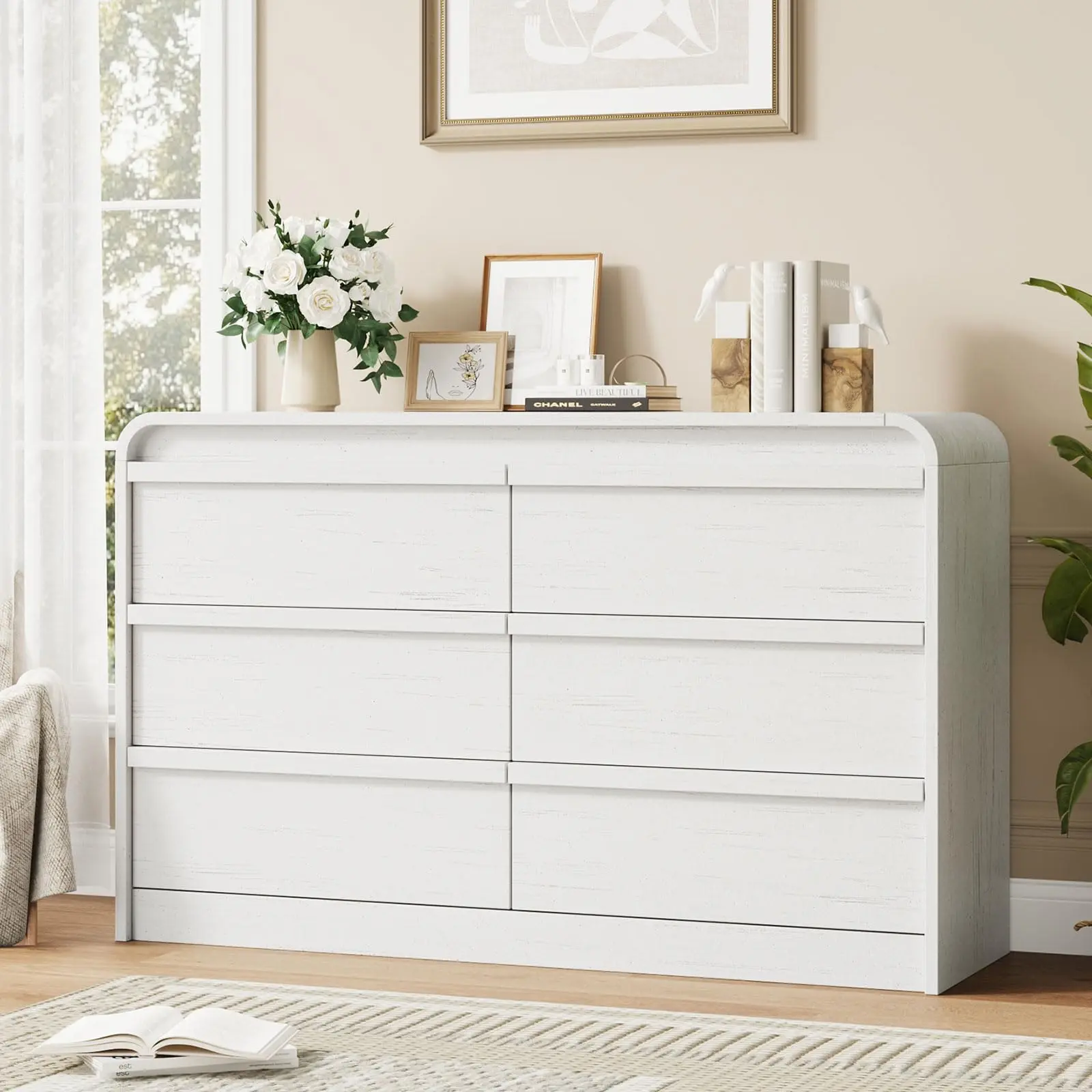 Garvee Arched 6-Drawer Dressers for Bedroom, 47" Wide Wooden Chest with Curved Profile, Modern Storage Organizer for Living Room, Nursery - White