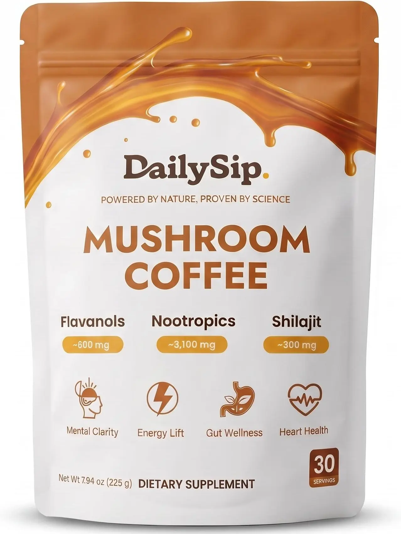 DAILYSIP Mushroom Coffee with 1000mg Lions Mane, Cordyceps & Chaga, Shilajit, L-Theanine, Cocoa Flavanols for Calm Energy, Focus, Clarity, Gut Wellness, No Crash, Only 20mg Caffeine, Sugar Free, Plant Based, Instant Arabica Coffee, 30 Servings, Pack of 1