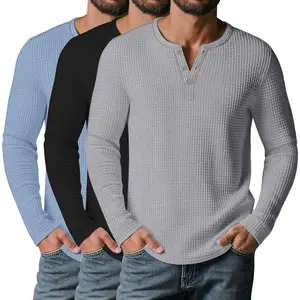 Pack Men’s Waffle Henley Shirts, Long Sleeve Button Tops Casual Basic Lightweight Knit Pullover