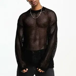 Men's Mesh Sun Protection Long Sleeve Drop Shoulder Sheer T-Shirt Knitted Top Hollow Out Heavyweight T-Shirt Base Shirt Men