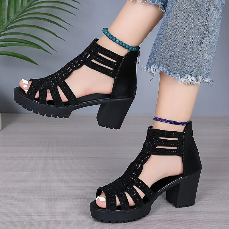 Women's Velvet Heeled Sandals, Solid Color Dress Shoe with a Medium Thick Heel and Rubber Sole, Elegant Footwear, Cloth, Heels For Women