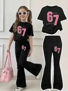 Girls' Sweet Cool Star Letter Number Short Sleeve Bell Bottom Set, Fashion Clothes Set, Casual Fitted for All Seasons, Comfortable and Stylish