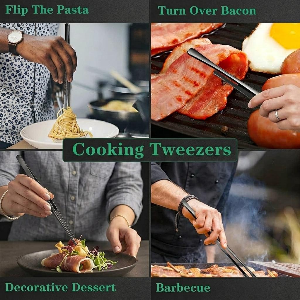 Kitchen Tweezers Tongs Set - 2-Pcs 12-Inch Stainless Steel Black Kitchen Utensils with Anti-Slip Serrated Grip, Precision Tips for Food Preparation, Barbecue