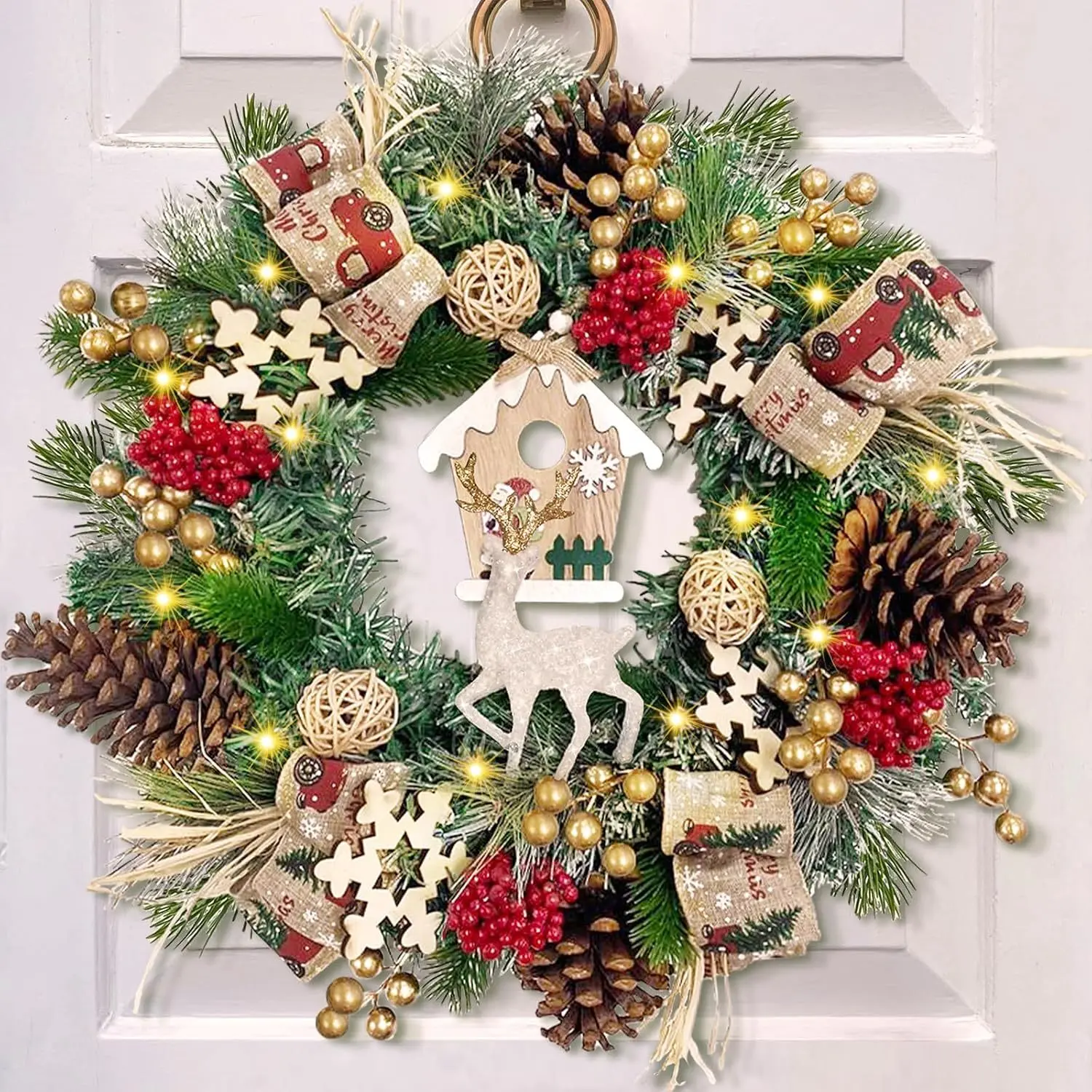 16-Inches Artificial Wreath, Indoor/Outdoor Door Wreath with Santa Claus, Berry Clusters, Pine Cones - Suitable for Christmas Decorations, Home Decorations, Holiday Decorations, and Halloween Decorations ,Christmas Series