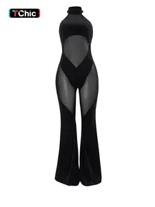 Women's Sheer Flare Leg Halter Neck Tulle Jumpsuit, Solid Sleeveless Drop Waist Jumpsuit For Summer, Fashion Ladies Clothes For Party Club, Fit