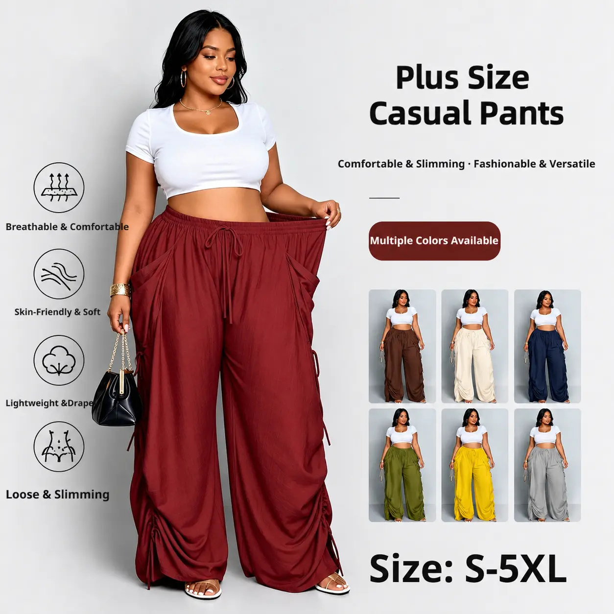 Women  Drawstring Wide Leg Casual Pants S-5XL, Lightweight Skin-Friendly Breathable Flowy Trousers with Side Pocket & Ruched Detail, Loose Slimming Draped Palazzo Pants for Daily Streetwear Vacation Loungewear All Day Comfort Beach Bottoms