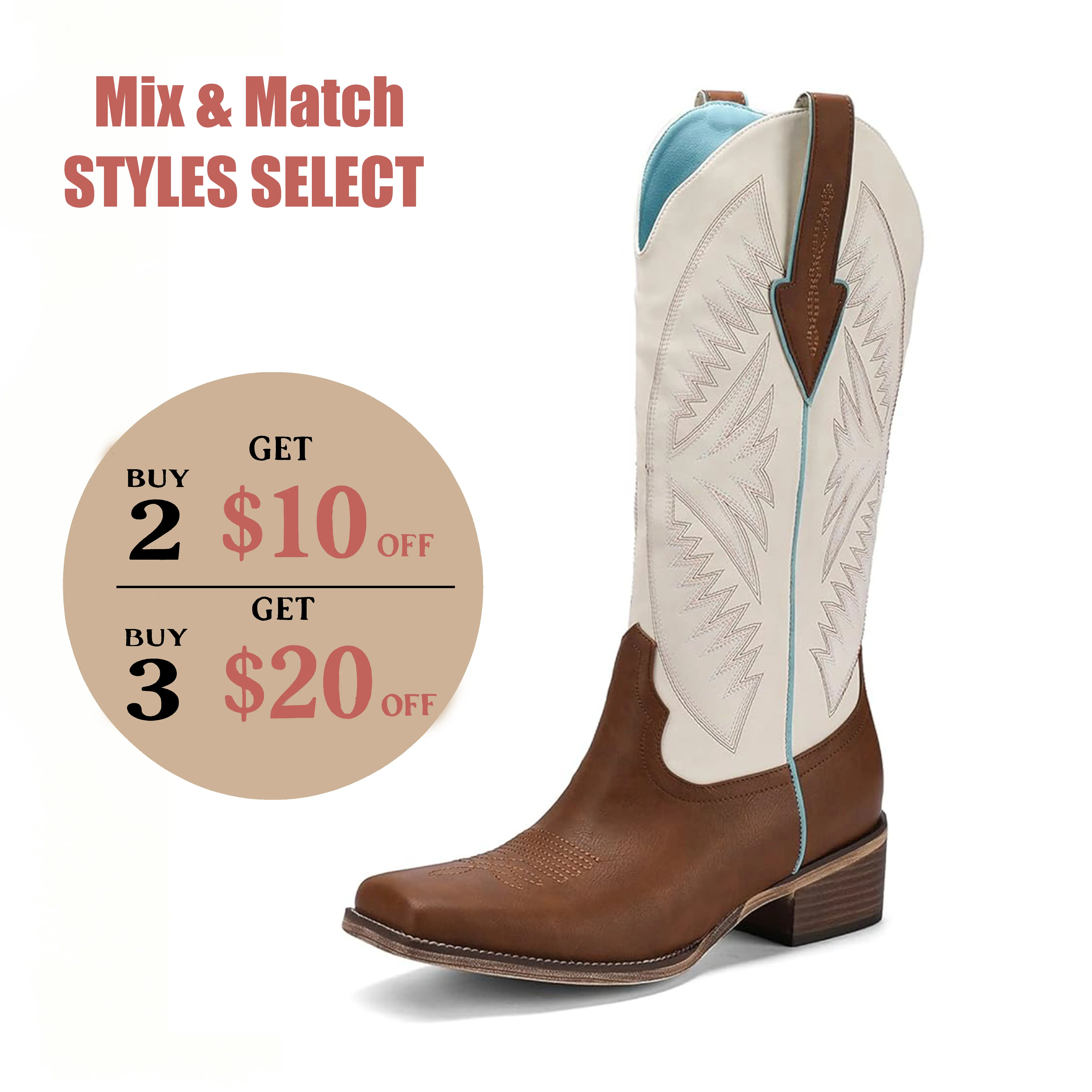 【Clearance】Women's Western Wide Calf Cowboy Boots - Footwear with Square Toe, Embroidered Shaft, Chunky Heel for Fall Western Style, Country Concert Walking Shoes (TikTok Shop Spring Glowup), American Style, Western Cowboy