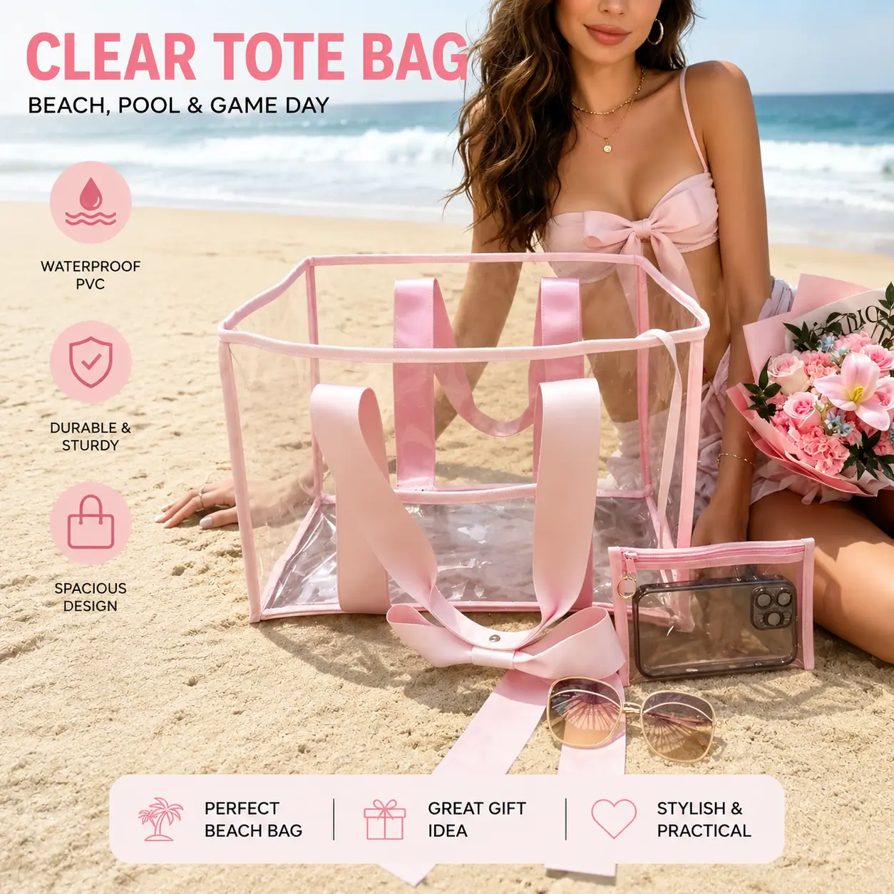Women's Large Waterproof PVC Clear Tote Bag - Stadium Approved Transparent Shoulder Bag with Bow Ribbon, Zipper Pouch for Yarn Storage, Beach, Travel