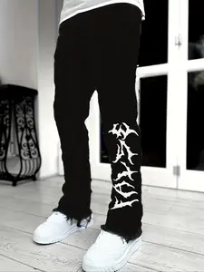 Men's Letter Printed Slim Fit Stretch Flare Jeans, Comfortable Denim for All Seasons, Stylish Streetwear for Modern Men