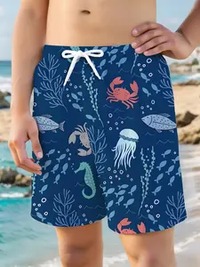 Boys' Ocean Theme Beach Shorts, Fashion Swim Trunks, Quick-Dry Fabric, 3D Cartoon Sea Creatures Print, Perfect for Pool and Beach