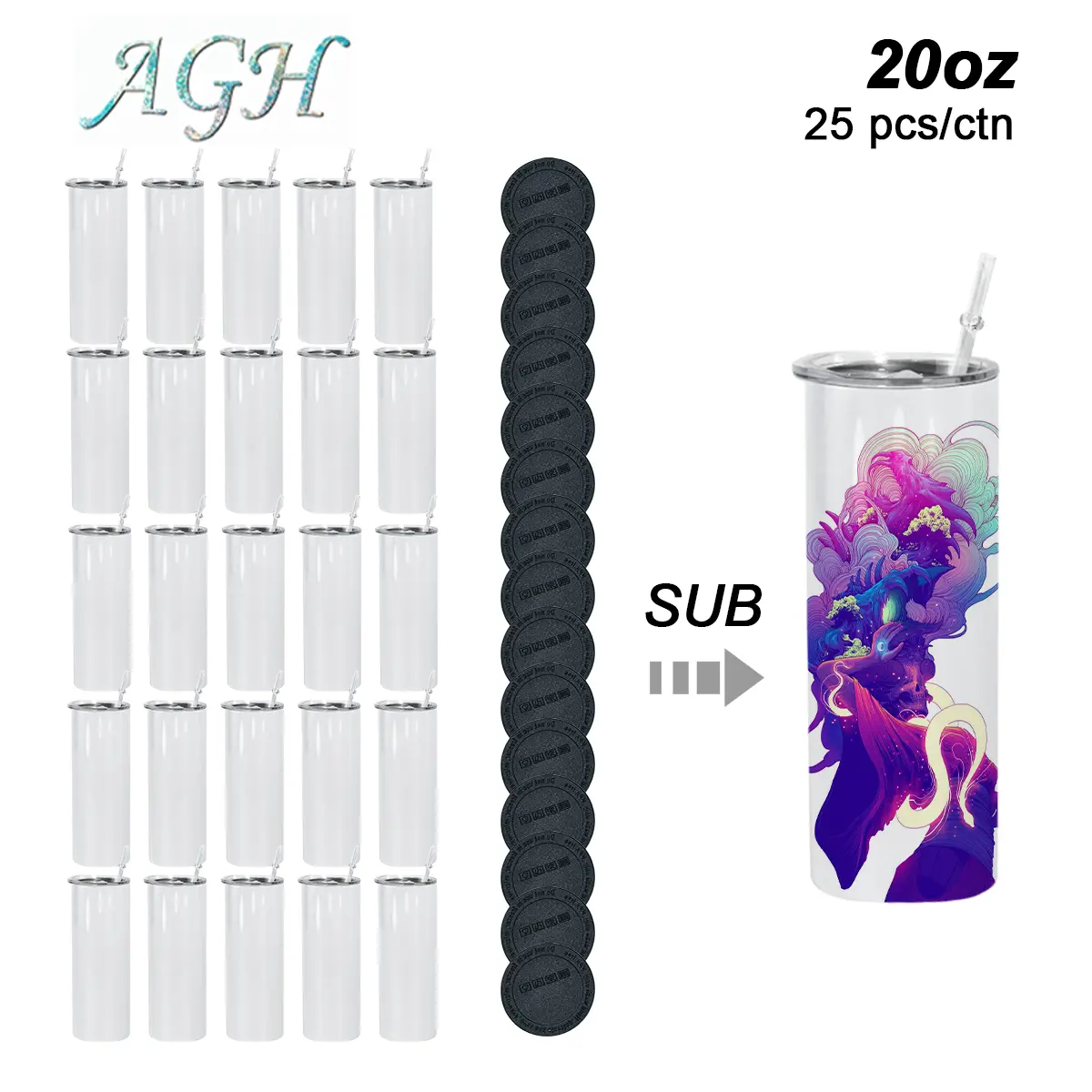 AGH 25pcs 20oz Sublimation Tumblers Blank with Rubber Bottom Stainless Steel Insulated Coffee Mug Water Bottles Portable Flasks Reusable Thermos Cup