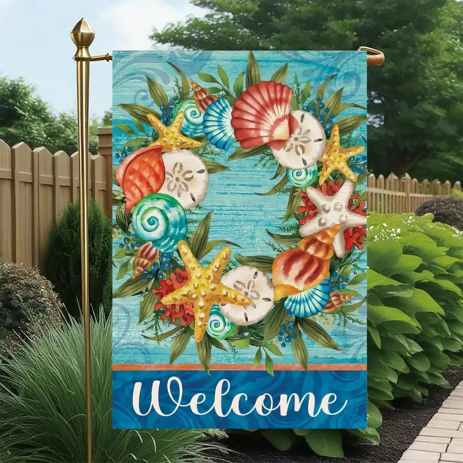 12x18 in Double-Sided Coastal Seashells Wreath - Welcome Decor with Starfish, Sand Dollar, Greenery, Blue Wood Background - Home Supplies Garden Flag for Summer Beach Porch Lawn