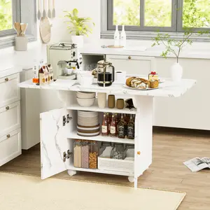 47" Wood Folding Dining Table with storage rack and cabinet, Removable Entryway Table with 6 Wheels, White Marble Color Kitchen Island, Side Table and Coffee Table Versatile Table Space Saving