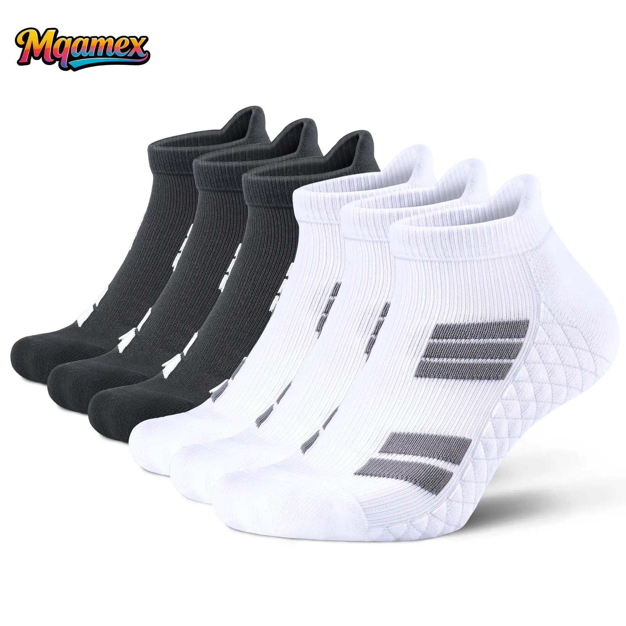 Mqamex Men's 6-Pair Cushioned Breathable Ankle Socks, Low Cut No-Show Athletic Style with Terry Soles, Active Socks, Polyester, Stripe