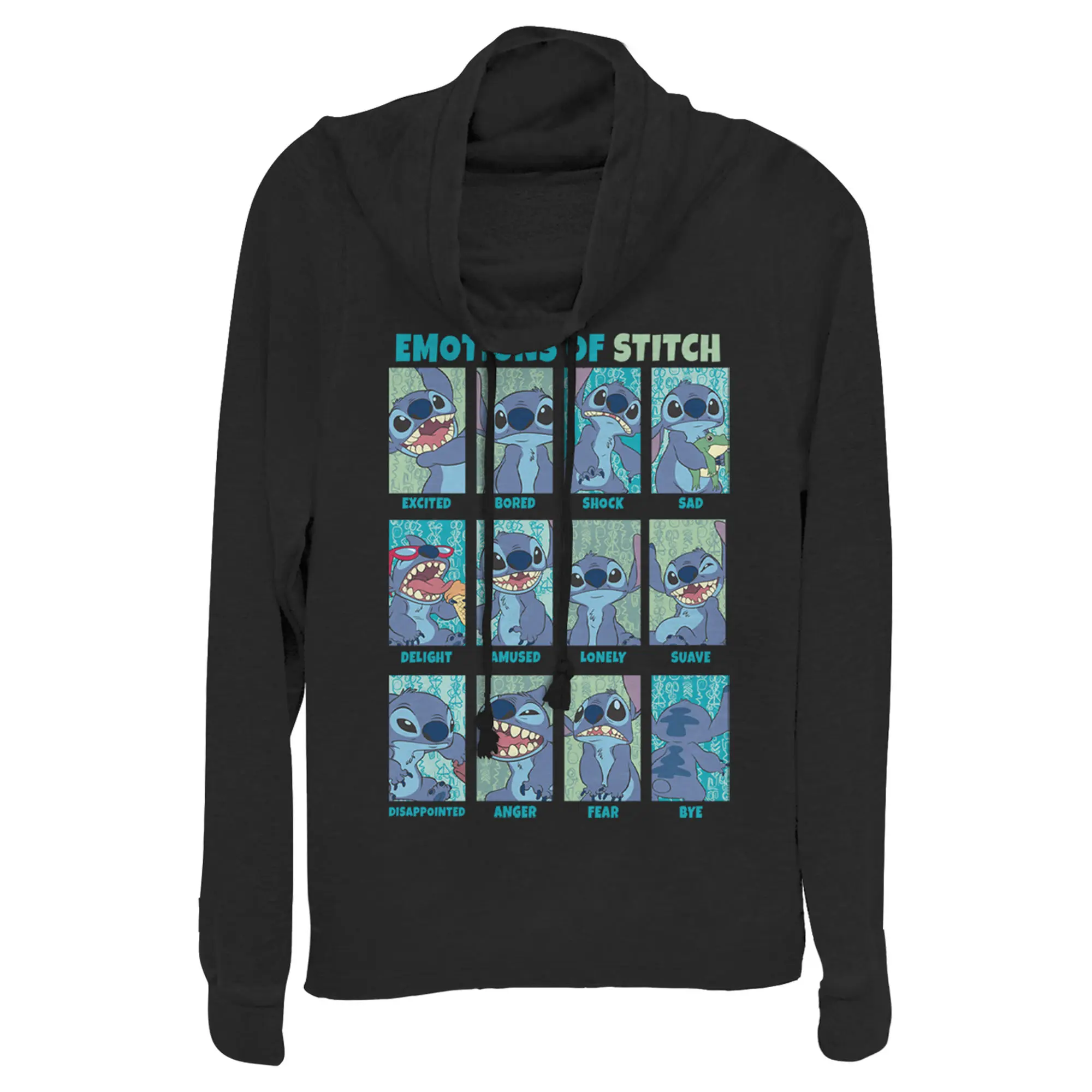 Junior's Lilo & Stitch Emotions of 626 Cowl Neck Sweatshirt