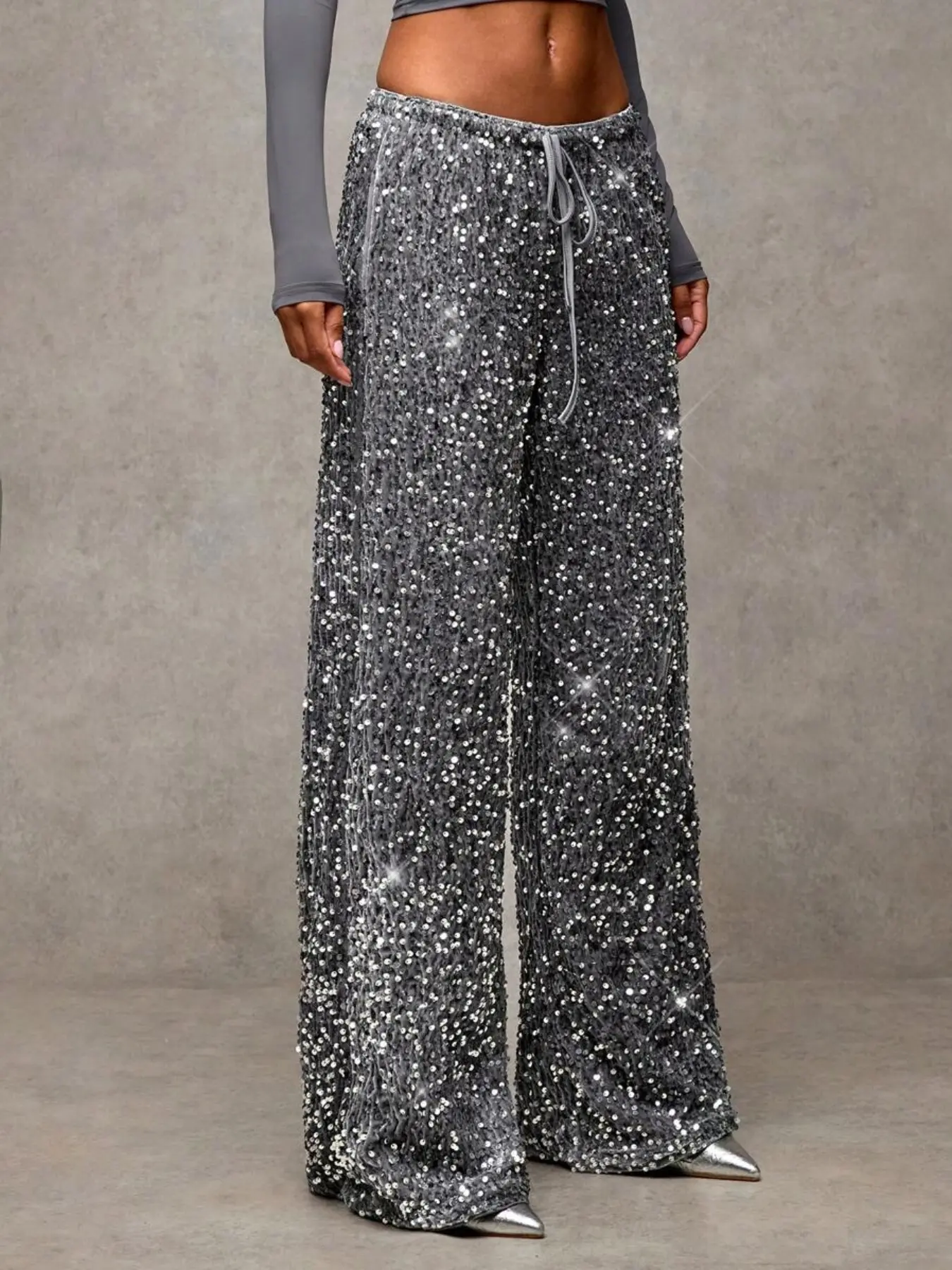 Women's Fashion Wide Leg Pants with Elastic Adjustable Waistband, Bow Tie Design, Sequins Detailing, Stylish Elegant Chic Long Trousers, Fit for Everyday Casual Wear, Womenswear Bottom, Casual Trendy Versatile, Casual Palazzo Pants