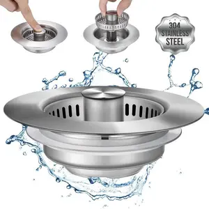3 in 1 Kitchen Sink Drain Strainer and Stopper Combo,304 Stainless Steel Pop-up Kitchen Sink Stopper,Anti-Clog Kitchen Sink Bounce Core Strainer Basket Filter for US Standard 3-1/2'' in Drain