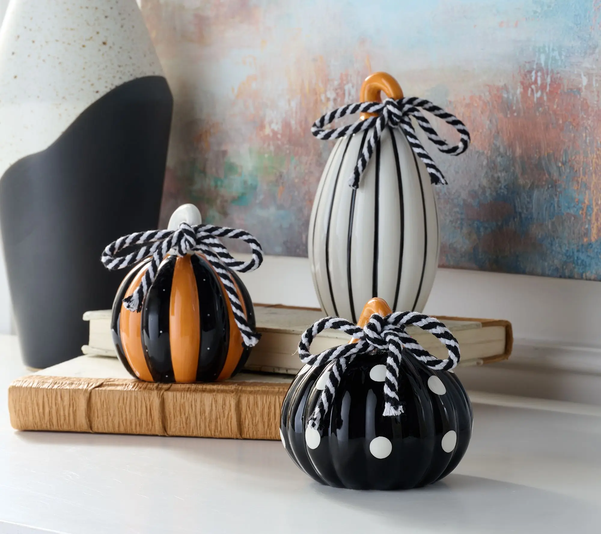 Set of 3 Ceramic Pumpkins with Rope Tie by Valerie