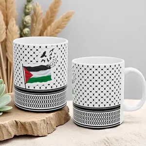 Palestine Keffiyah Mug, Peace & Freedom Design, Ceramic Coffee Tea Cup with Flag, Dove, Cultural Motifs