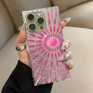 1 piece Fashion square design cute color ins style pink sun print anti-drop shockproof full cover mobile phone case for girls suitable for iPhone 16pro Max/16pro/16plus/16/15/14/13/12 cute fashion Halloween Valentine's Day Christmas gift
