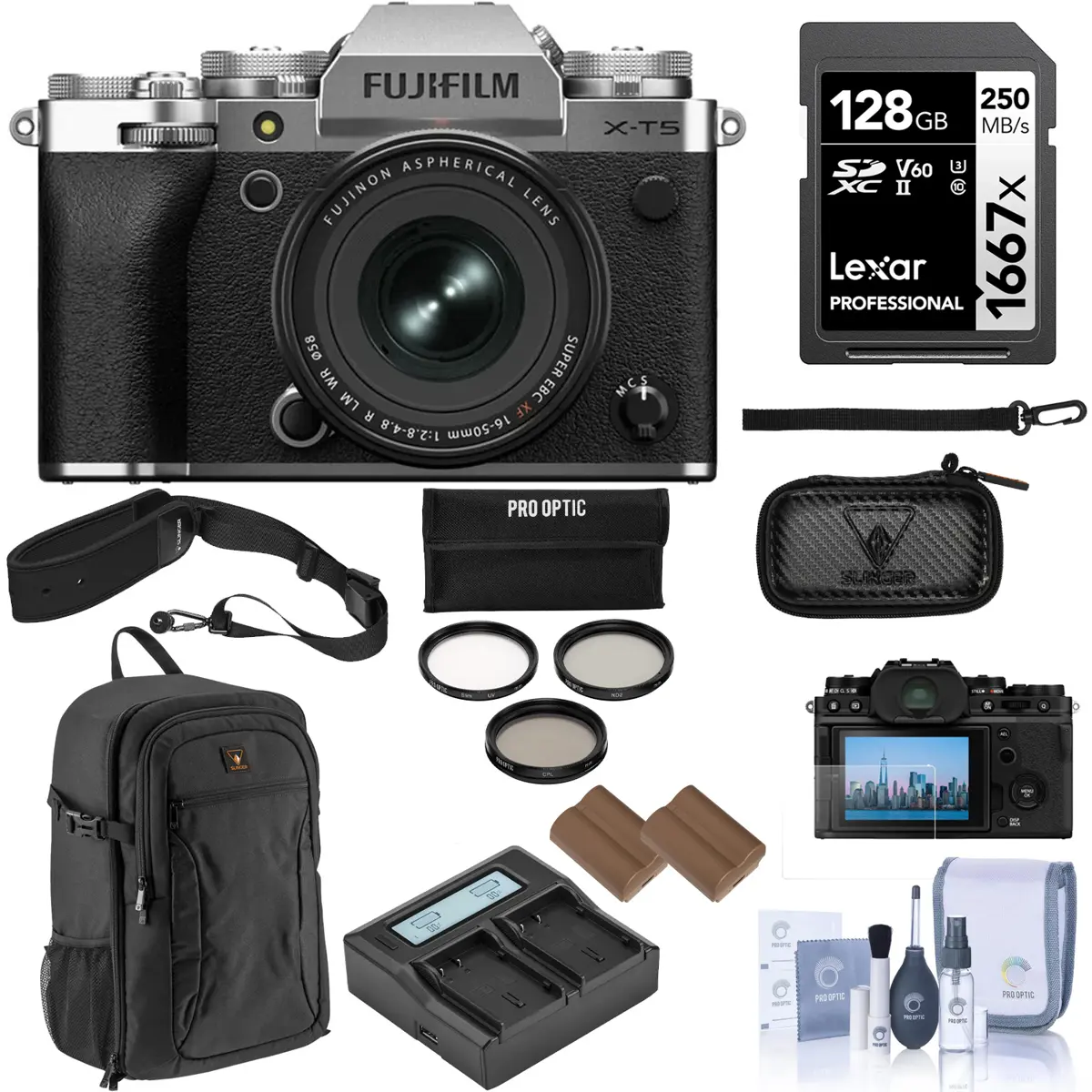 Fujifilm X-T5 Mirrorless Camera, Silver with XF 16-50mm f/2.8-4.8 R LM WR Lens, Bundle with 128GB Memory Card, Backpack, 2x Battery, Smart Charger, 2x Charger Plate, 58mm Filter Kit