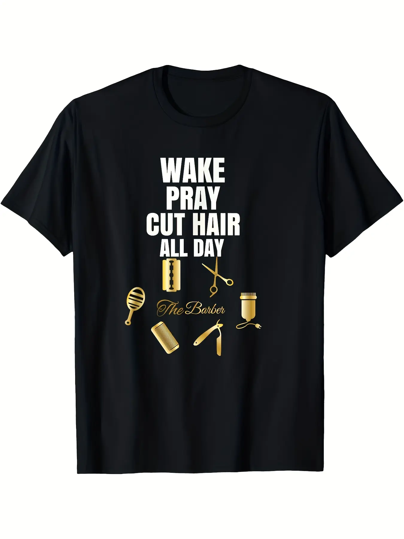 Men's & Women's Barber T-Shirt Loose Fit Casual Tee Barber Tools & Wake Pray Cut Hair Slogan with Barber Pole, Scissors & Clippers Print  Cotton for Barbers, Hair Stylists, Barber Shop Apparel (Black with /Grey Design)