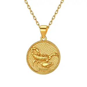 Suplight Zodiac Coin Pendant Necklace - Scorpio (10.24-11.21), 18" Textured Chain + 5cm Extension - Gold