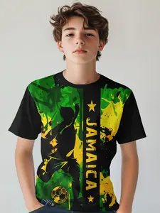 Boy Football Print T-Shirt, Kids Soccer Player Pattern T-Shirt, Casual Summer Short Sleeve Top, Teenager Clothing, Geometric Design