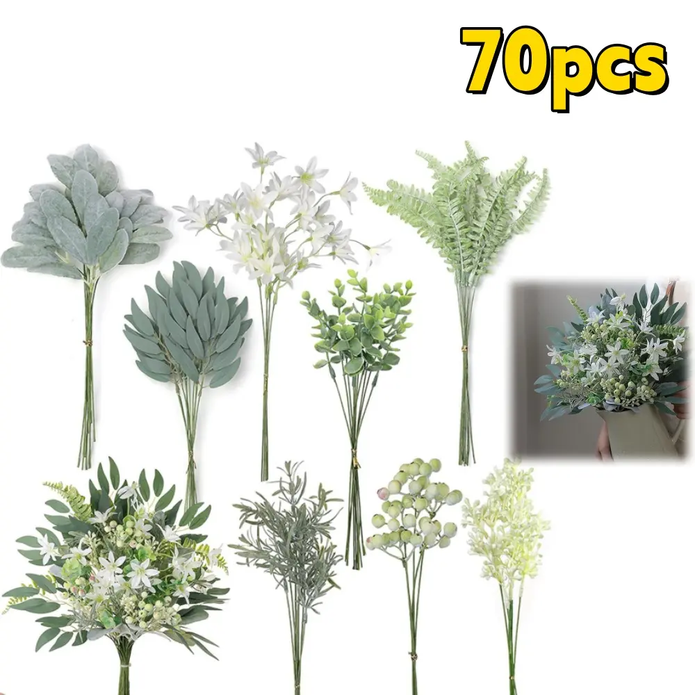 70pcs Bulk Artificial Mixed Eucalyptus & Willow Leaf Stems, Decorative Faux Plant Sprays for Wedding DIY Bouquets, Table Centerpieces, Home Ornaments & Box Filler Outdoor Decoration