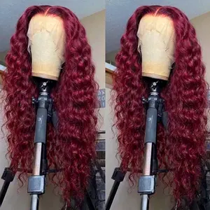 Bling Hair Red Deep Wave 13x4 13x6 Lace Front Wig Human Hair HD Transparent Lace Melt All Skins Burgundy Red Wig 10A Grade Raw Virgin Hair summervibes