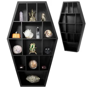 Curio Coffin Shelf - Wooden Goth Decor for Display or Storage of Shot Glasses, Mini Figures, Rocks, and More - 17 by 9.75 by 2.75 Inches Gothic Curiosities