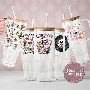 Bookish Glass Tumbler with Lid and Plastic and Glass Straws for Book Lovers
