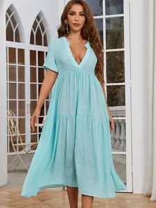 Collection Layered Midi Dress for Maternity, Pregnancy, Elegant Style for Special Occasions, Summer Loose-Fitting Woven Fabric, Perfect for Expecting Mothers, Maternity Clothing