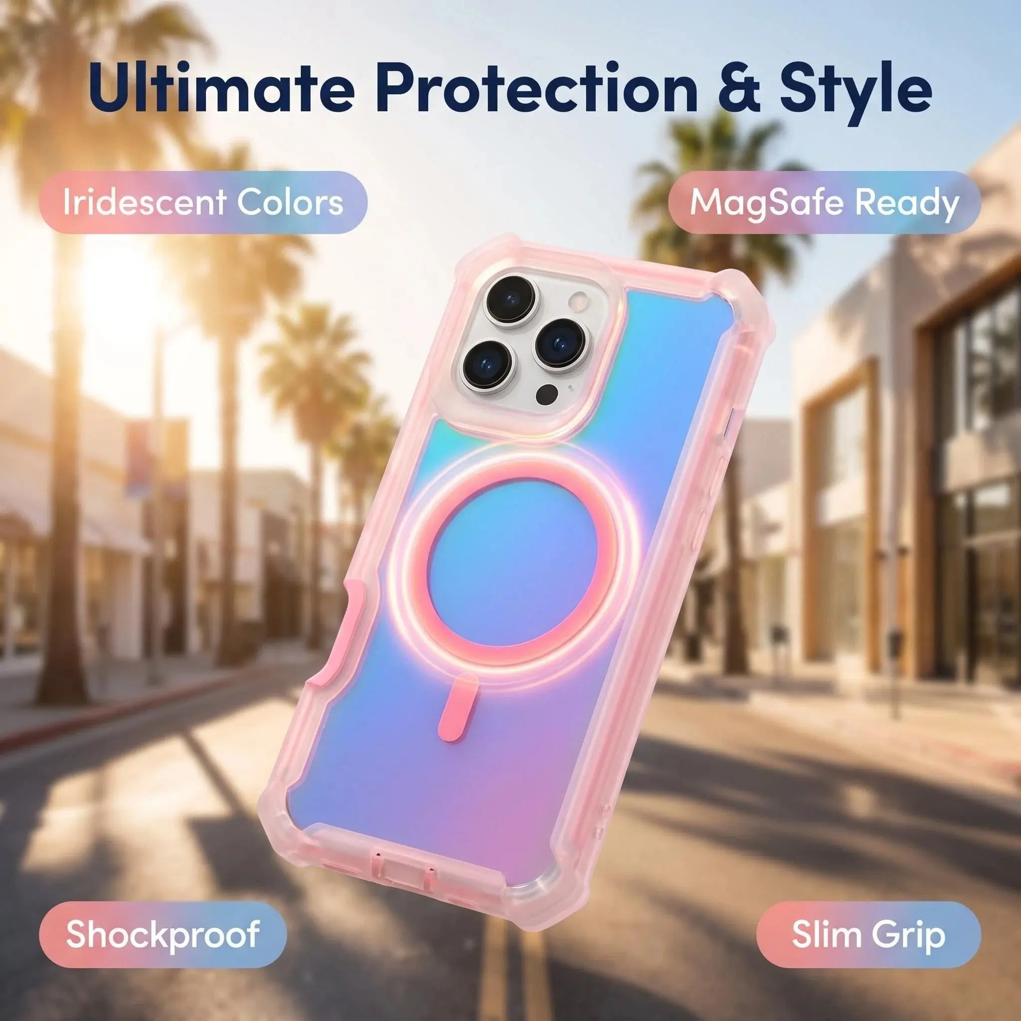 Iridescence Pink-Blue MagSafe Phone Case for iPhone 16/17 Series, Slim Fit Shockproof Cover with Firm Grip, Magnetic Alignment & Wireless Charging Compatible