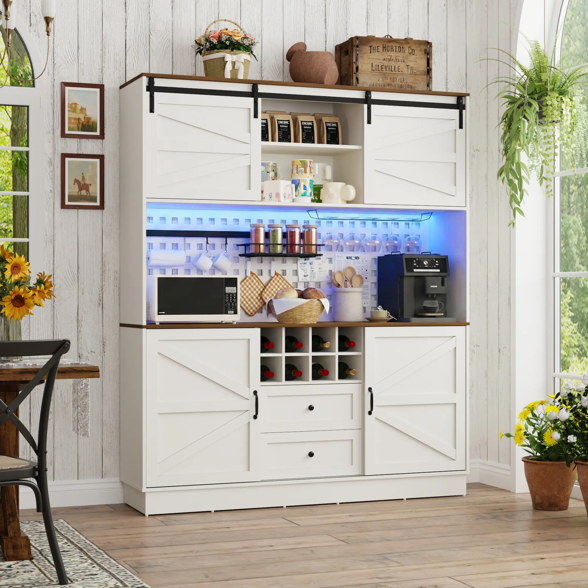 Wood Farmhouse Hutch Cabinet - 75.2" Tall, 63"w x 15.7"d, with Power Outlet, 1 Type-C Port, 1 USB Port, Configurable Shelves, Drawers, Barn Doors, Indoor Storage for Kitchen, Home Bar Use